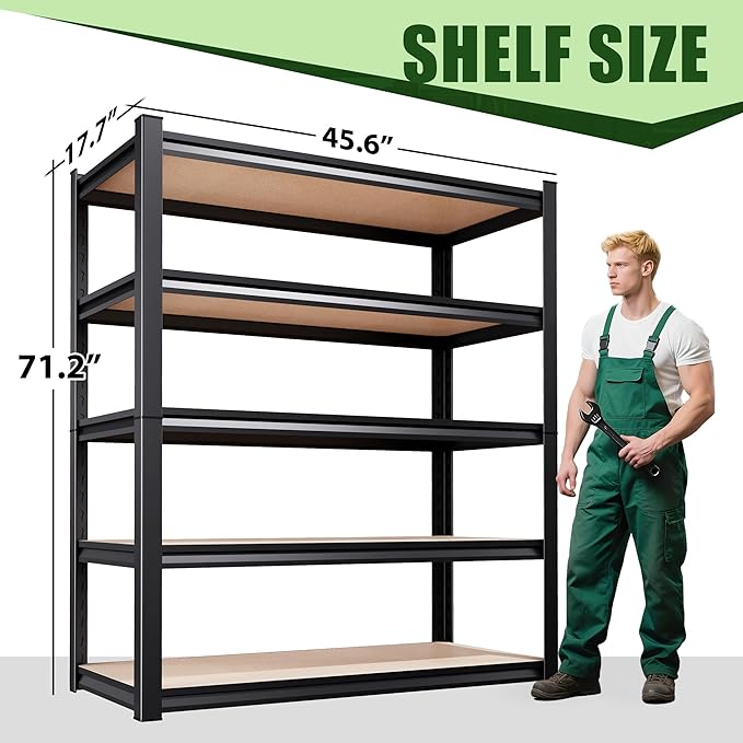 71.2" H Garage Shelving 5T Storage Shelves, Metal Adjustable Shelving Unit, Utility Garage Organizer Shelf for Basement, Pantry, Kitchen, Warehouse, 46" Wx18 Dx71.2 H, Black