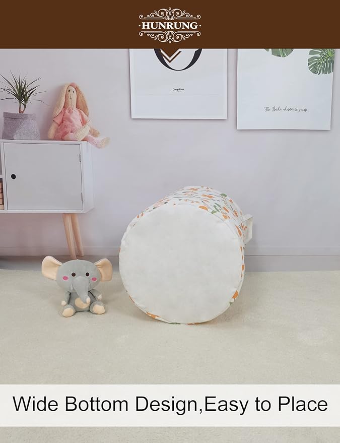 HUNRUNG Collapsible Fabric Storage Basket, Waterproof Laundry Hamper with Handles, Round Storage Bin for Clothes Toys, Foldable Organizer for Bedroom Nursery Bathroom(Round-Orange Flower)