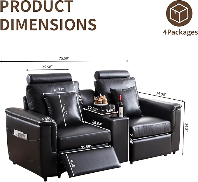 LEVNARY 2-Seater Modular Reclining Sofa with Center Console, Upholstered Faux Leather Power Recliner Loveseat with Cup Holders, USB Charging, Side Pockets & 2 Pillows, Living Room Furniture (Black)
