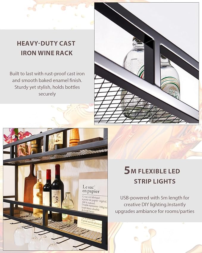 39" Wall Mounted Wine Rack with Bottle Glass Holder, 3-Tiers Metal Bar Shelves for Liquor Bottles with LED Light, Wall Wine Rack for Home, Restaurant, Commercial Bar, Kitchen Storage Display