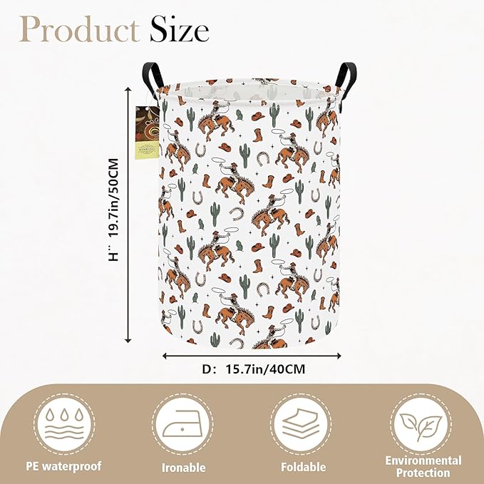 HUNRUNG Collapsible Fabric Storage Basket, Waterproof Laundry Hamper with Handles, Round Storage Bin for Clothes Toys, Foldable Organizer for Bedroom Nursery Bathroom(Round-Cowboy)