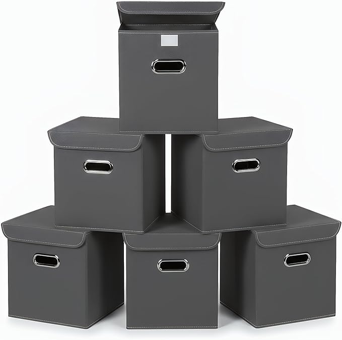 Closet Organizers Fabric Storage Bins With Lids Collapsible Cube Storage Organizer Basket With Handles,Storage Boxes for Clothes Storage,Office,Laundry,Shelves,6 Pack,（Grey