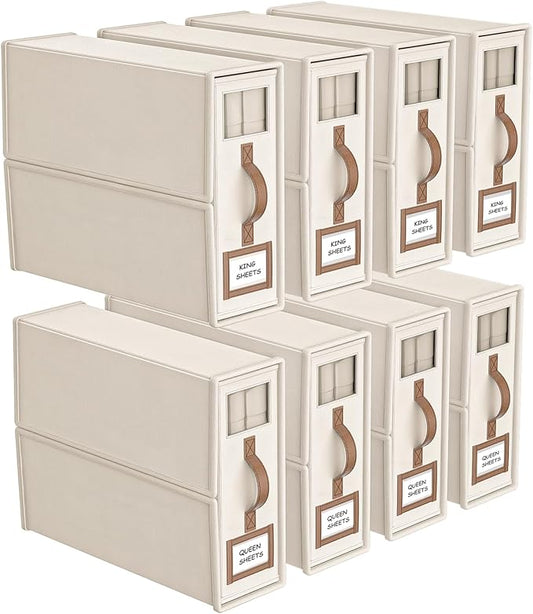 8 Pack Foldable Bed Sheets Set Organizers and Storage(King & Queen Size),Linen Fabric Closet Organizers with Window,Folding Bedding Storage Box for Bedsheets and Pillow Cube Organizer-Beige