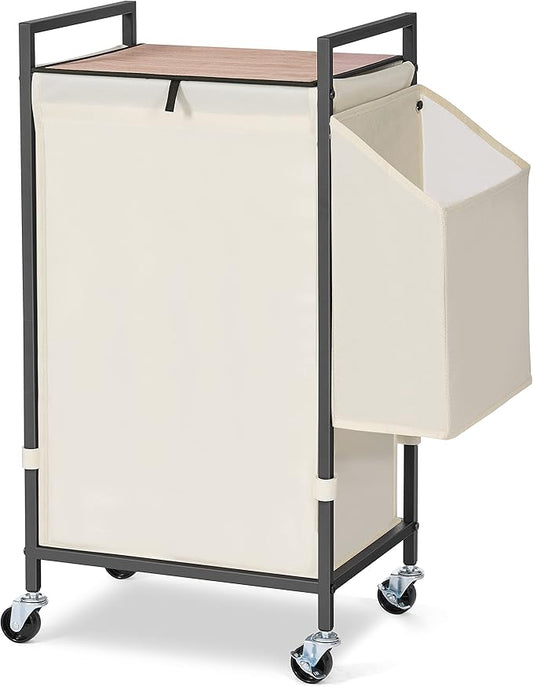 Laundry Hamper with Rustic Brown Lid & Wheels; 96L Large Rolling Laundry Basket with Removable Oxford Liner Bag; Tall Freestanding Dirty Clothes Hamper with Side Pocket; Metal Frame Laundry Cart