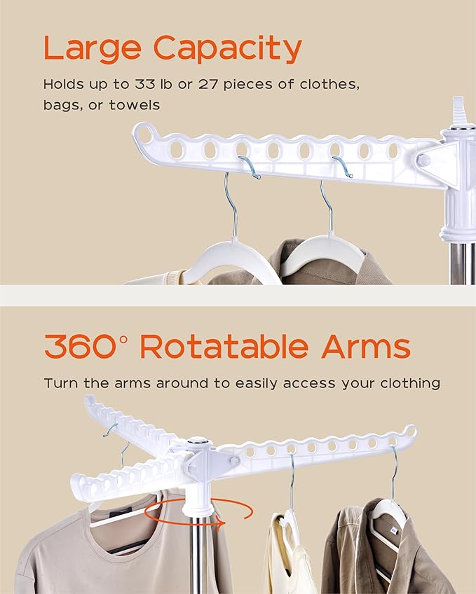CASAMAYA Clothes Drying Rack Foldable, 59 inch Tripod Laundry Drying Rack Indoor with Rotating Clothes Rail for 27 Pieces of Clothes, Space Saving, Stainless Steel, White and Silver CDR001W01