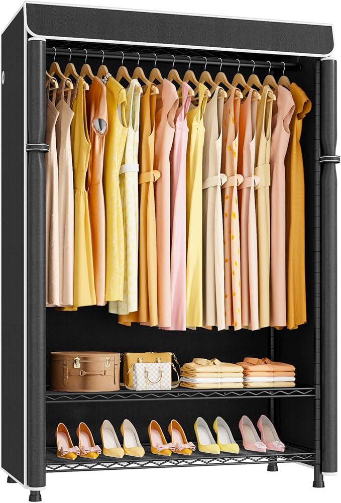 ULIFHOME H5C Plus Clothes Rack with Cover, Portable Closet for Hanging Clothes, Covered Clothing Racks Heavy Duty, 3-Tiers Garment Rack with Shelves Max Load 370LBS Black Closet Rack with Black Cover