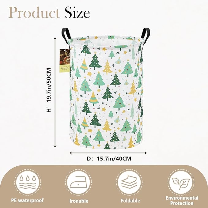 HUNRUNG Collapsible Fabric Storage Basket, Waterproof Laundry Hamper with Handles, Round Storage Bin for Clothes Toys, Foldable Organizer for Bedroom Nursery Bathroom(Round-Christmas tree)