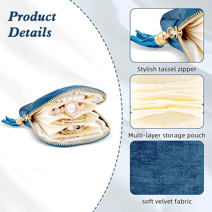 Travel Jewelry Case Small Soft Velvet Organizer Pouch Travel Gifts for Women Storage Bags Mini Jewelry Bag for Gemstones Bracelets Healing Crystal Earring Necklaces Small Pouch Teal Blue