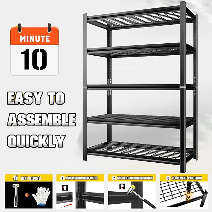 72''H Garage Shelving 3500LBS Capacity Wire Heavy Duty Storage Shelves, Adjustable 5 Tier Metal Industrial Wire Shelf for Kitchen, Utility Room, Warehouse and Basement, Black (48''Wx24''Dx72''H)