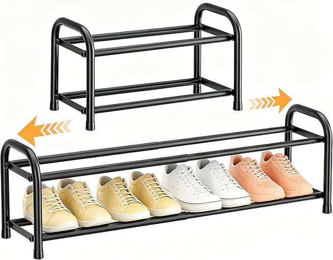 ENJOYBASICS Expandable Shoe Rack, 2 Tier Adjustable Shoe Organizer Shelf for Closet, Black Metal Free Standing Shoe Rack Storage for Small Space, Entryway