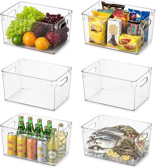 MOONEDGE Open Clear Plastic Storage Bins Stackable Organizer Containers with Handles for Kitchen, Pantry, Fridge, Cabinet, Closet Storage & Home Organization 6 Pack（11 x 8 x 6 in）