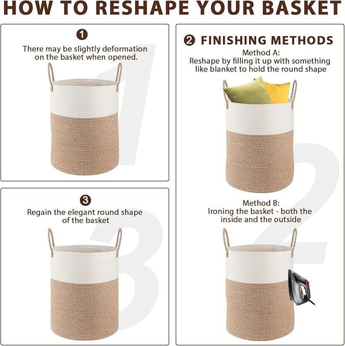OIAHOMY Large Laundry Basket Hamper - 60L Cotton Rope Woven Basket for Blankets, Toys, Clothes - Tall Decorative Nursery Hamper with Long Handles, Grey/White