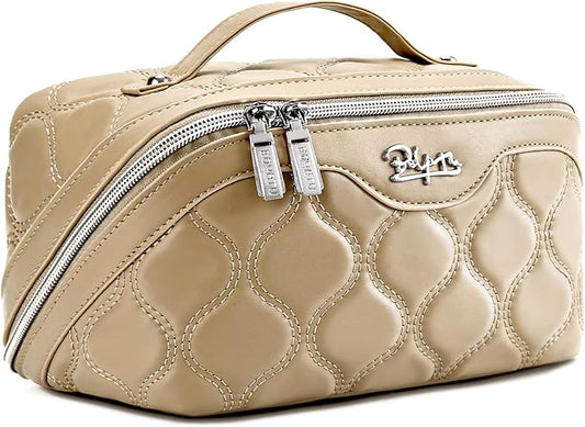 BOYATU Travel Makeup Bags for Women Cosmetic Bag: Puffy Make up Bags Set of 3 - Vegan Leather Makeup Organizer - Waterproof Large Toiletry Bag with Compartments - Travel Essentials (H-2-Khaki)
