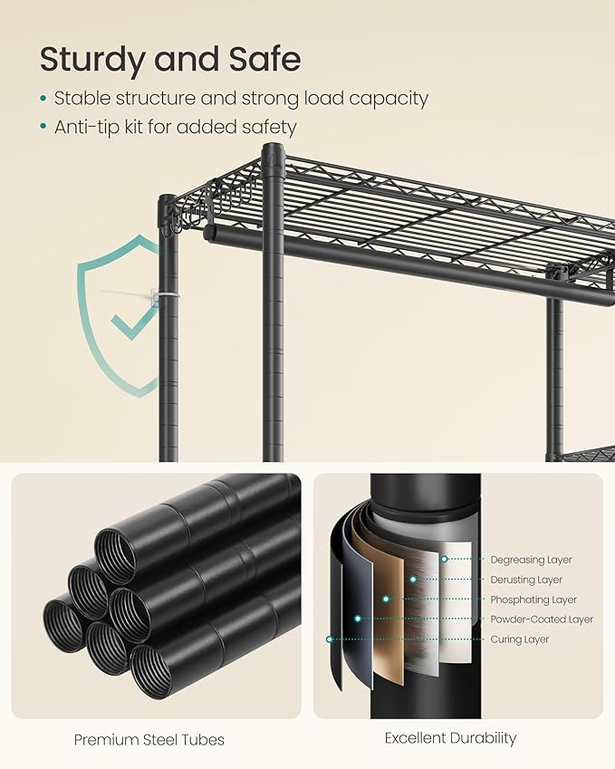 SONGMICS Clothing Rack, Heavy-Duty Garment Rack with Adjustable Storage Shelves and Hanging Rails, Hooks, Freestanding Portable Wardrobe Closet, Ink Black ULGR426BH01S