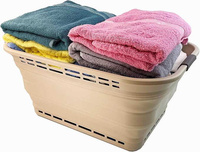 SAMMART 42L (11 gallons) Collapsible Plastic Laundry Basket - Portable Pop Up Storage Container/Organizer - Portable Hamper - Space Saving Easy Storage (Apricot/Brown (Set of 2))