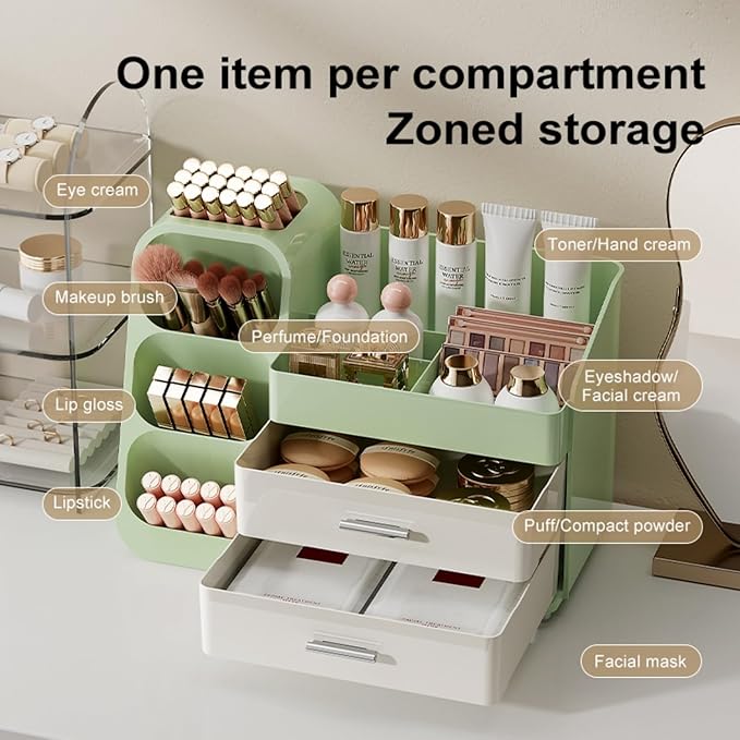 Booklov Makeup Organizer for Vanity, Large Capacity Cosmetic Display Case with Drawers, Countertop Beauty Storage Holder for Skincare, Brush Eyeliner Eyeshadow Lipsticks, Counter Desk, Cream Green
