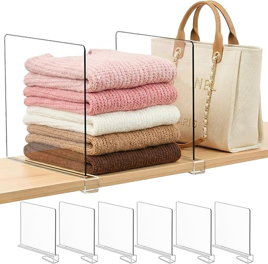 Purse Organizer for Closet Shelf Dividers: 11-inch Tall(Higher Version) Adjustable Clear Acrylic Bag Storage Organizer for Handbags, Sweaters, Towels, Jeans and Shoes on Wood Shelves 6-Pack