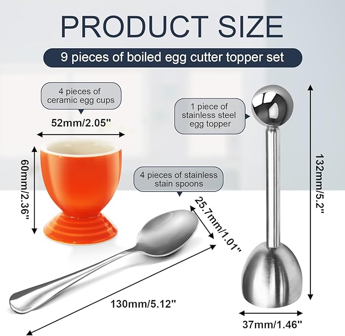 Colorful Soft Boiled Eggs Cups Set, 4 Ceramic Egg Stands and 1 Stainless Steel Egg Cutter, 4 Perfect Egg Spoons for Kitchen and Breakfast Host(Caribbean & Frame)