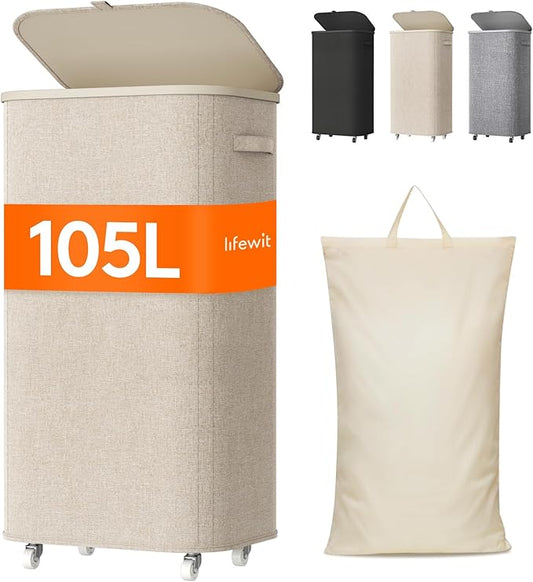 Lifewit 105L Plastic Laundry Basket with Lid, Large Clothes Hamper with Wheels and Removable Bag, Tall Collapsible Rolling Storage Bin for Dorm Bedroom Bathroom, Beige