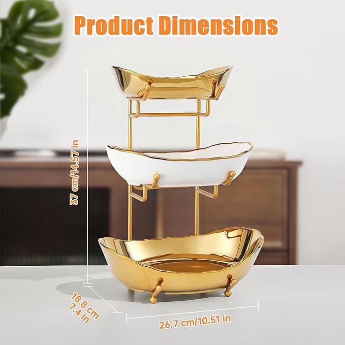 Ceramic Fruit Bowl for Kitchen Counter - 3 Tier Fruit Basket with Metal Stand, Tiered Fruit Stand for Countertop, Snack, Nuts, Cake, Dessert, Small & Cute (Gold & White,Small) 2