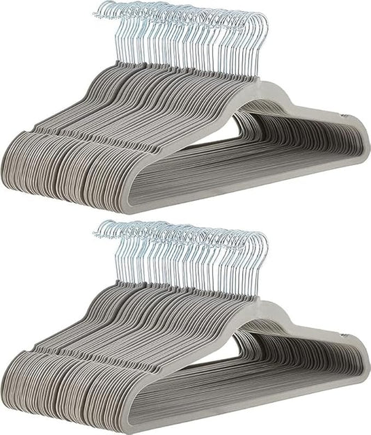 Amazon Basics Slim Velvet Non-Slip Space Saving Suit Clothes Hangers for Closet Organization, Gray/Silver, 100-Pack