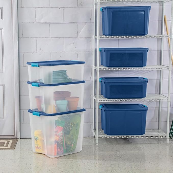 Sterilite 18 Gal Latch and Carry, Stackable Storage Bin with Latching Lid, Plastic Container to Organize Closets, Clear with Blue, 18-Pack
