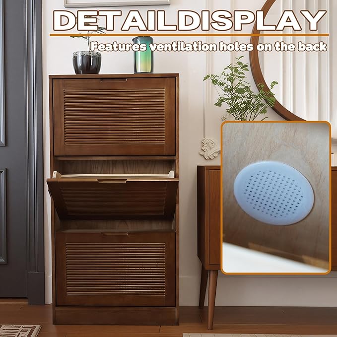 Solid Shoe Storage Cabinet with 3 Flip Drawers, Narrow Wood Shoe Organizer Cabinet with Fluted Panel, Slim Shoe Rack for Entryway, Freestanding Shoe Cabinet for Entryway Hallway Foyer ，Walnut