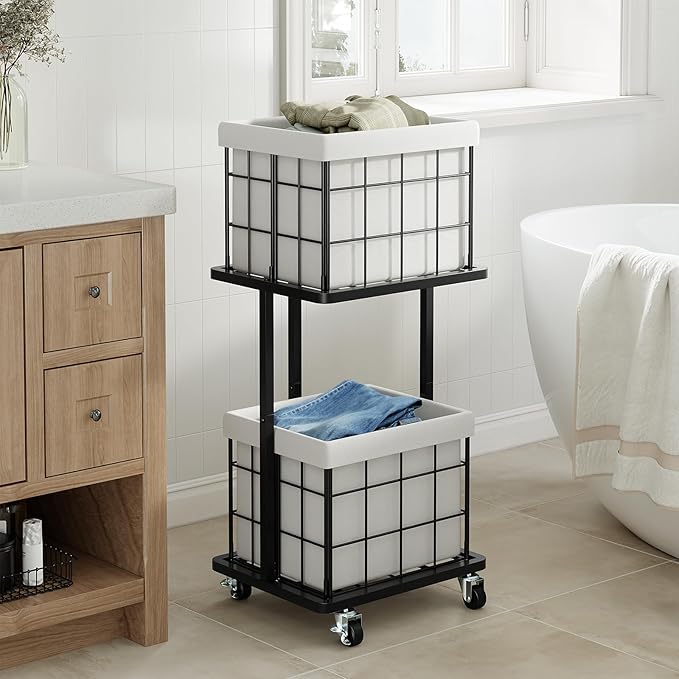 80L Vertical Rolling Laundry Hamper with Removable Bags, 2 Section Laundry Basket with Wheels, Slim Tall 2 Tier Laundry Sorter for Small Spaces, Dorm, Bathroom, Laundry Room, Closet, White