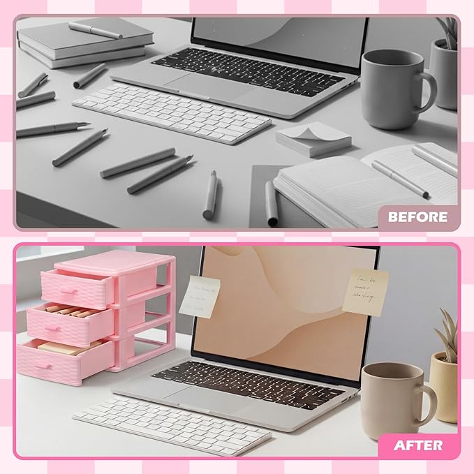 Small Storage Desk Wicker Weave Drawer 3 Drawers Plastic Storage Mini Plastic Weave Drawer Unit with Pull Handles Desk Organizer for Office Supplies Craft Countertop Makeup Bathroom(Pink)