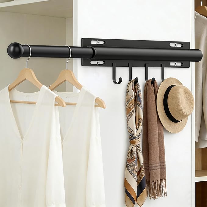 2 Pack Valet Rod for Closet Retractable with 4 Hooks, 13.4"-23.2" Pull Out Clothes Rail, Heavy Duty Alloy Steel Side Mount Wardrobe Bar, Adjustable Organizer for Laundry, Bathroom, Entrance (Black)