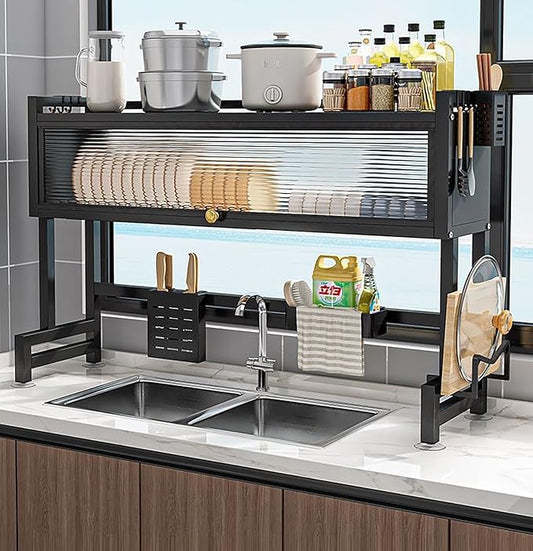 Over The Sink Dish Drying Rack, 3-Tier Dish Drying Rack with Cover, Large Sink Storage Organizer with Hooks and Clear Flip Door for Kitchen Counter, Black (25.5")