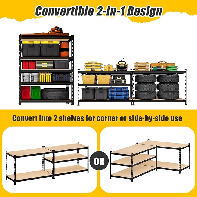 5-Tier Metal Storage Shelves: Heavy Duty Garage Shelving Adjustable Shelves for Storage - Black Utility Rack Shelf for Pantry, Warehouse, Office, Kitchen, 28" W x 12" D x 59" H, 4PCS