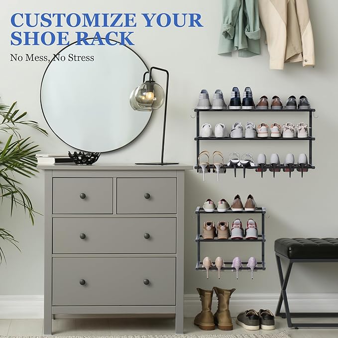 Wall Mounted Shoe Rack, 3 Tier Hanging Shoe Rack Holds 12 Pairs, 17"-30" Adjustable Heavy Duty Metal Shoe Organizer Holder with 2 Storage Hooks, Space Saving for Closet Entryway Doorway（Black