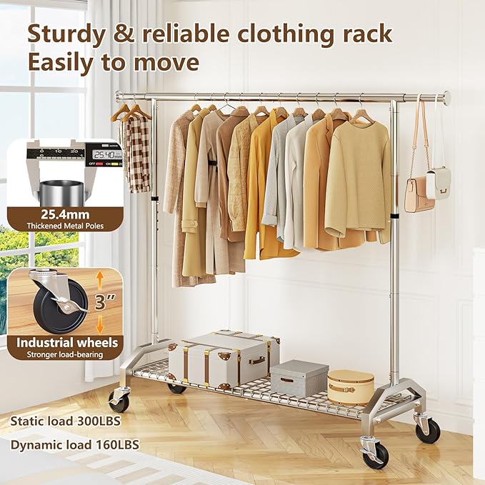 Wiracks Clothes Rack for Hanging Clothes 350lbs Heavy Duty Clothing Rack 51 to 71" W x 16.53" D x 65" to 71" H Adjustable Rolling Clothes Rack Coat Rack Garment Rack 3" industrial Wheels Silver