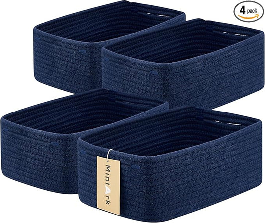 MiniArk Small Storage Baskets for Organizing | Closet Organizer Bins | Shelf Toy Basket | Woven Rope Baskets | Cube Decorative Box | Shallow Basket | 13x8.5x5.1” | 4 Packs Navy Blue