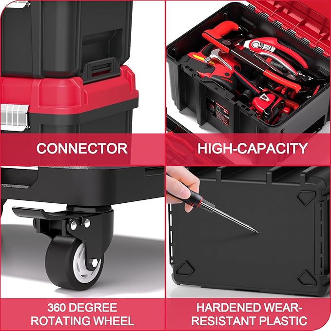 3-in-1 Rolling Tool Box with Wheels,Stackable Modular Tool Organizer System,17" Portable Waterproof Toolbox on Wheels for Garage,Mechanics and Home Repair (Red-Black)