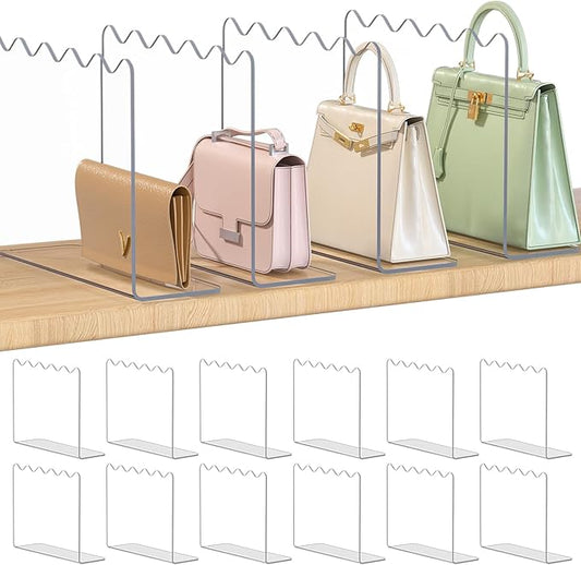 OKPOW Shelf Dividers Purse Organizer for Closet, 10" Tall X 12" Deep, Acrylic Clear, Sturdy Separators for Purse Clothes, Easy Install, Adjustable, Maximize Bedroom Space for Home Organizer, 12 Pack