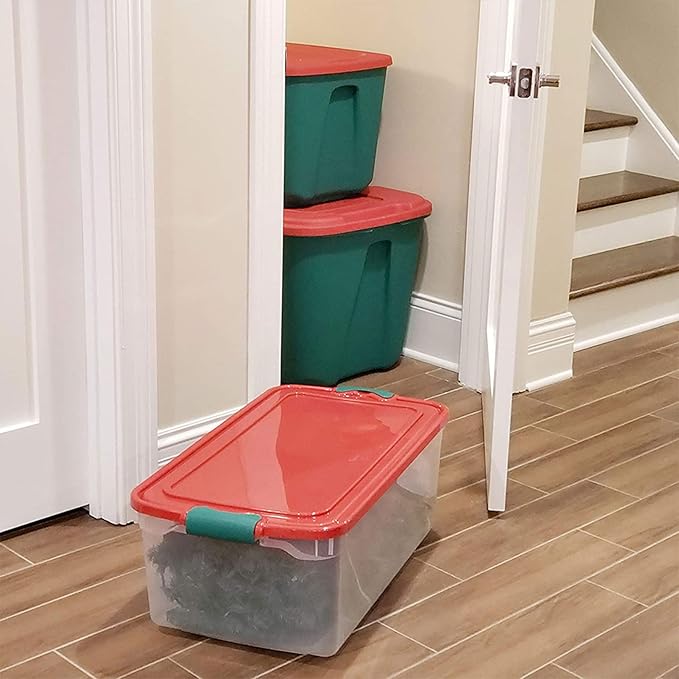 HOMZ 6-Pack Holiday Tote, Plastic Storage Organizer Bins with Lids, 64 Quart, Clear/Red - Stackable Organizing Containers for Home, Garage, and Office