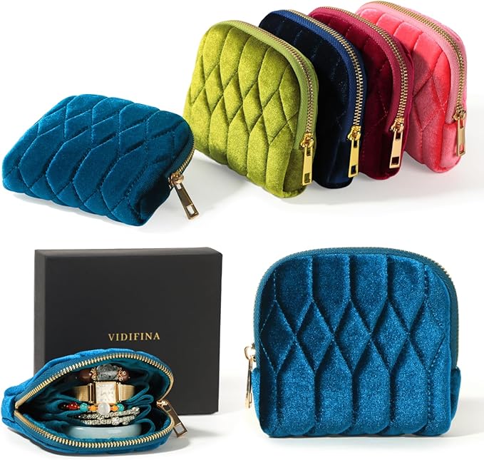 Small Travel Jewelry Case, Mini Travel Jewelry Bag with Zipper, 5-Layer Velvet Organizer Pouch for Bracelet Rings Earrings - Diamond Stitched Velvet Teal Blue