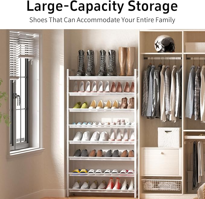 8-Tier Shoe Organizer, Tall Metal Shoe Rack for Closet Entryway Garage, Large Capacity Shoe Storage with Adjustable Flat, Holds 32-40 Pairs, White