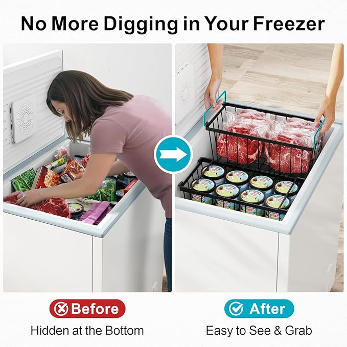 iSPECLE Chest Freezer Organizer Bins - Fits 7 Cu.Ft Deep Freezer, 6 Pack Stackable Wire Baskets(14.7" Length), Heavy Duty Coated Freezer Organizer, Rust Resistant for Frozen Food Sorting, Black