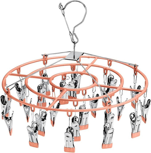 PHYDELU Drying Rack Clothing with 24 Clips，Sock Hanger for Drying，Hanging Clothes Dryer Underwear Hangers Racks Laundry Herb Socks Panty Wet Bra Lingerie Baby Delicates Foldable Small Indoor Metal