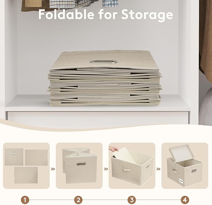 Lifewit Clothes Storage Bins with Lids, Fabric Foldable Storage Boxes with Handles, Decorative Closet Organizer, Stackable Cube Baskets Container for Bedroom, Office, 34.5L Large Beige, 3 Packs