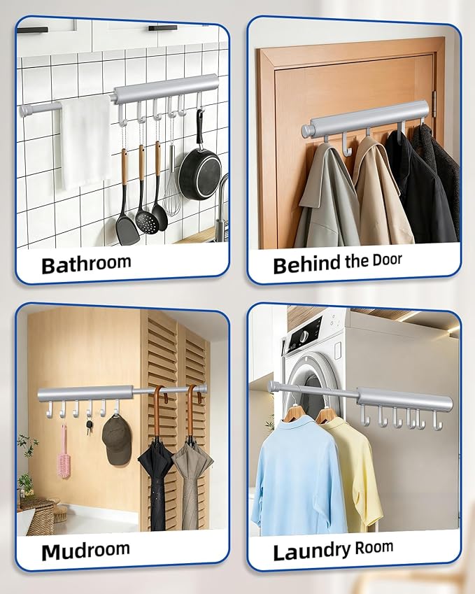 12 Inch Valet Rod for Closet Pull Out, Expandable with 6 Hooks, Closet Rod for Laundry, Bedroom & Tomorrow’s Outfit (Silver, 1 Pack)