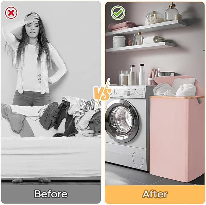 BALEINE Laundry Hamper with Lid, Tall Laundry Baskets with Bamboo Pull Handles, Large Laundry Bin with Internal Support (18 Gal/70L, Pink Pinstripe)