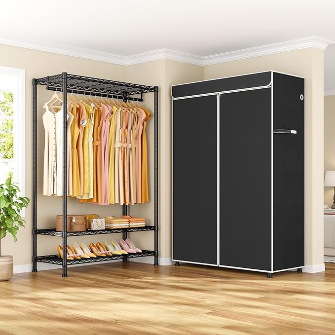 ULIFHOME H5C Plus Clothes Rack with Cover, Portable Closet for Hanging Clothes, Covered Clothing Racks Heavy Duty, 3-Tiers Garment Rack with Shelves Max Load 370LBS Black Closet Rack with Black Cover