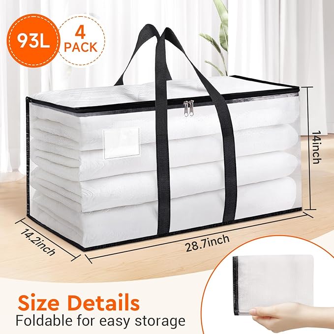 BlissTotes Clear Moving Bags Heavy Duty, 93L Extra Large Storage Bags with Zipper & Reinforced Handles, Waterproof PP Moving Totes for Clothes, Bedding, Comforters, Space Saving Storage (4 Pack)