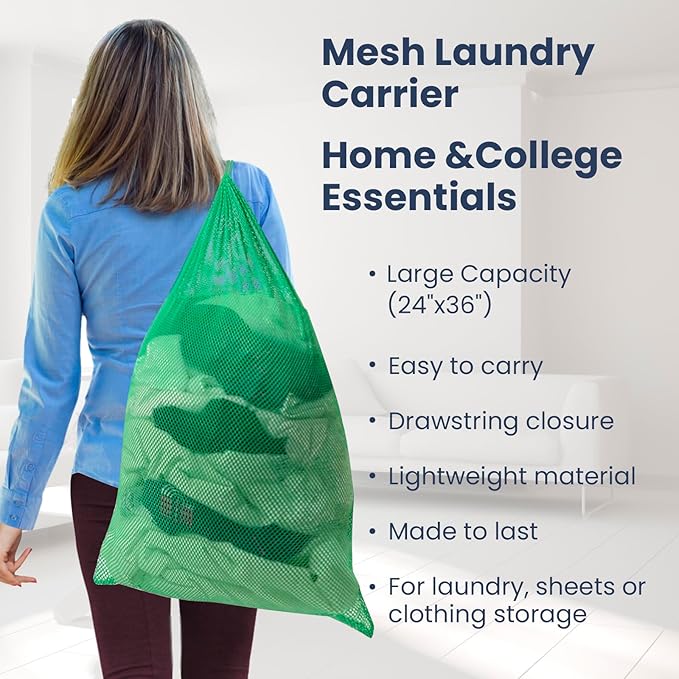 Premium Heavy-Duty Mesh Laundry Bag - Clothes Hamper w/Drawstring - Home & College Essentials Green (36"x24")