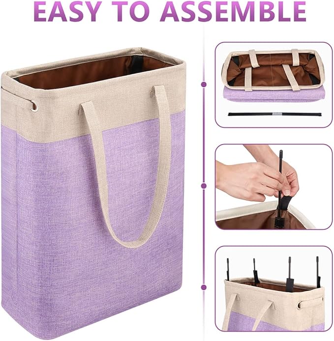 i BKGOO Laundry Basket with Handles Beige&Purple Slim Laundry Bin Collapsible Dirty Clothes Basket Narrow Laundry Bag Foldable Dirty Hamper for Camping, Dorms, Apartments