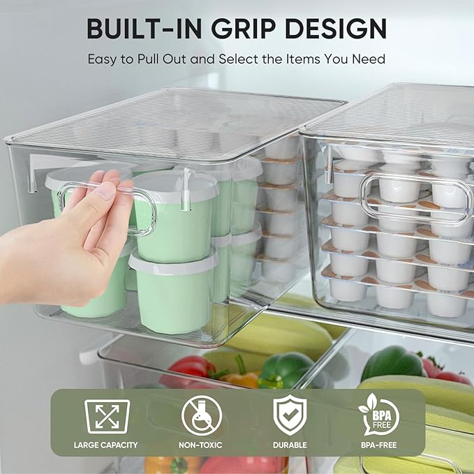 BALEINE Clear Stackable Storage Bins with Lids, Plastic Containers with Handle for Pantry Organizers and Storage, Plastic Bins for Fridge, Kitchen, Bathroom, Cabinet (10x6x5, 4PK)